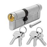 Picture satin coloured profile cylinder with brass barrel two setse of wto keys on key rings and single satin machine screw nearby