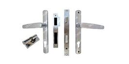 Picture chrome mortice lock door handles X2 hole in each for profile cylinder seperate metal striker plate, seperate metal primary lock case showing locking tongue and chrome profile cylinder seperate nearby