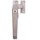 Picture Whitco locking window handle white colour chrome lock barel incorporated in handle which is in the locked position and attached to whit lock plate