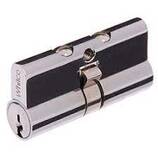 Picture Whitco euro cylinder chrome white background  oblong profile double key lockingneach end of oblong two screw at top of cylinder with lazy cam protruding  from cantre 